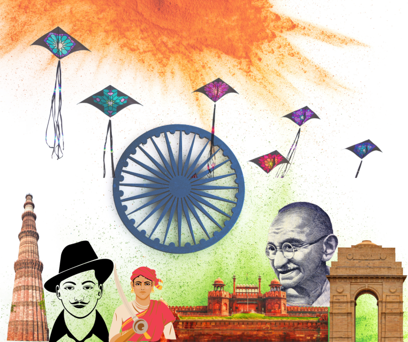 A medley of images of words that are relevant to the independence day. such as kite flying, mahatma gandhi, red fort, india gate, qutub minar, rani laxmi bai and bhagat singh