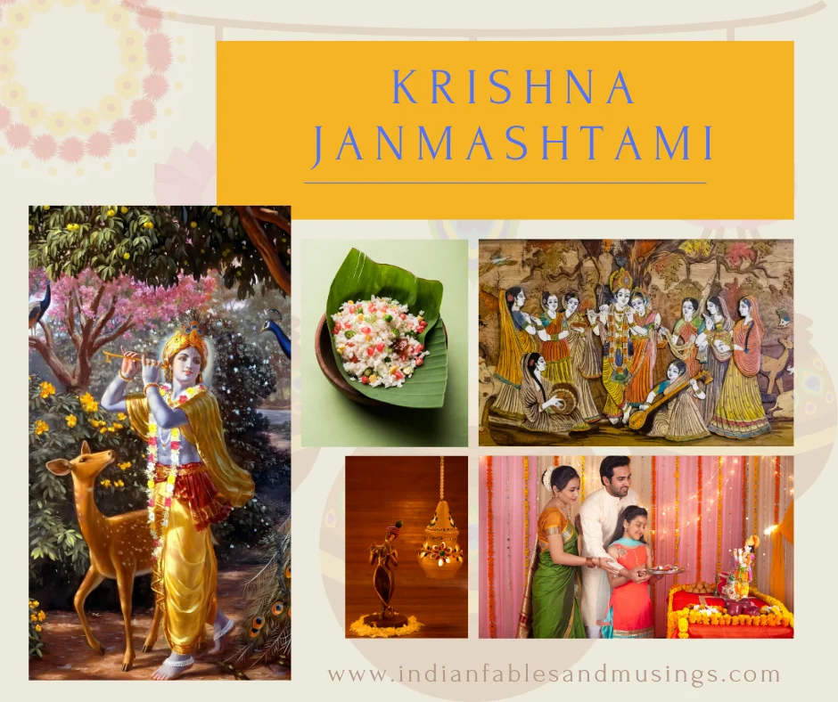An image with the title 'Krishna Janmashtami' and a collage of images signifying the festival.